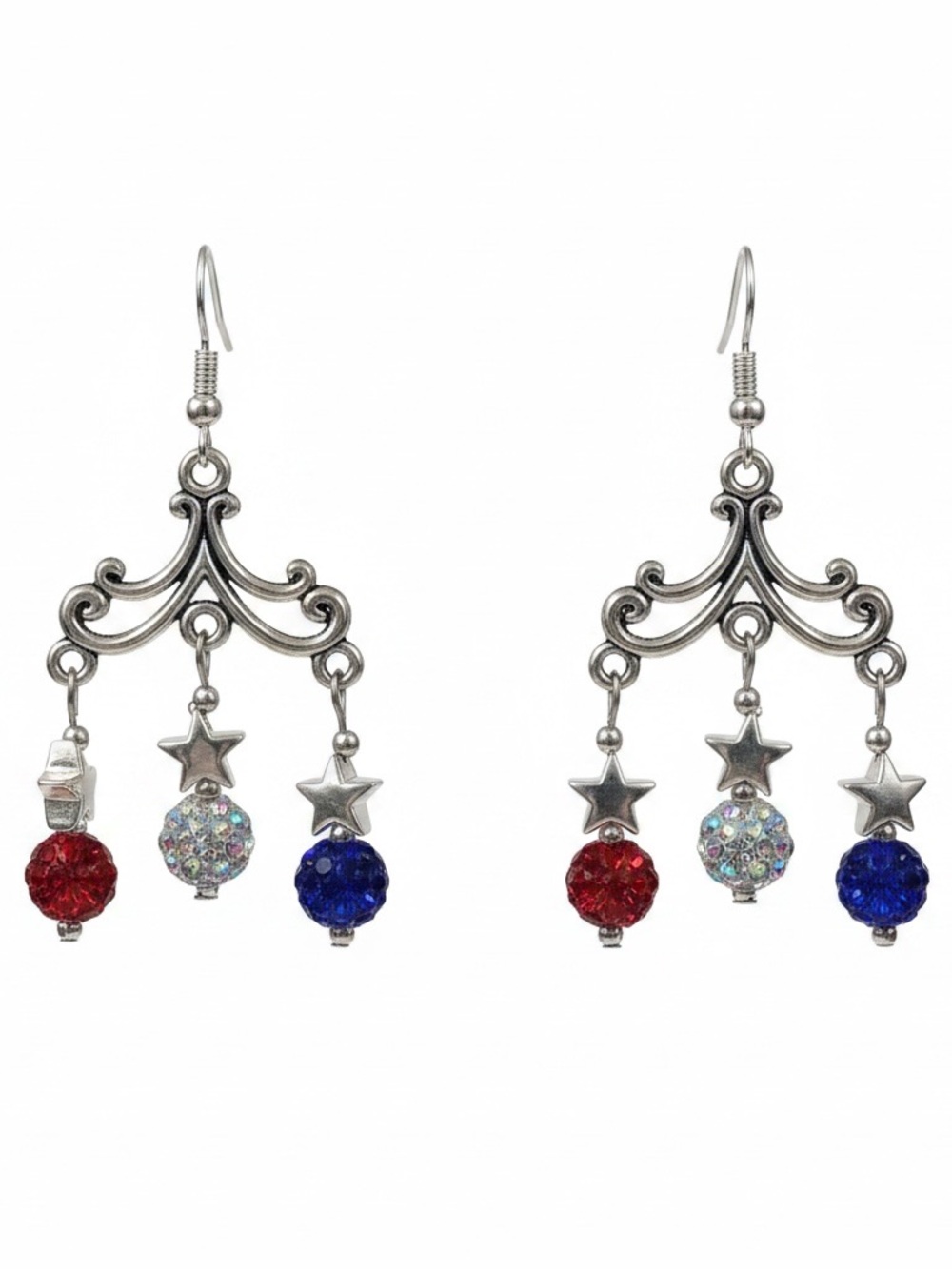 Silver Star Chandelier Earrings with Red, White and Blue Rhinestone Beads